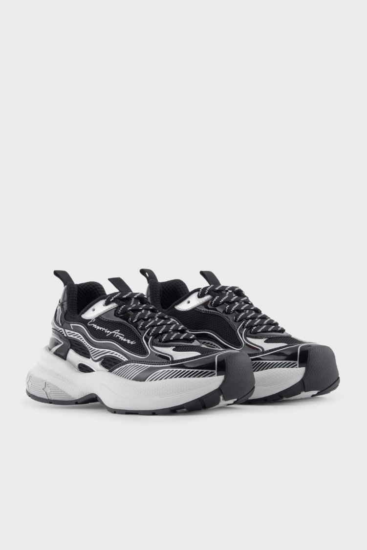 Emporio Armani Logolu Metalik Detaylı Kalın Taban Sneaker Kadın Ayakkabı EW003056 AF19766 MC372 SİYAH-GÜMÜŞ - Emporio Armani (1)