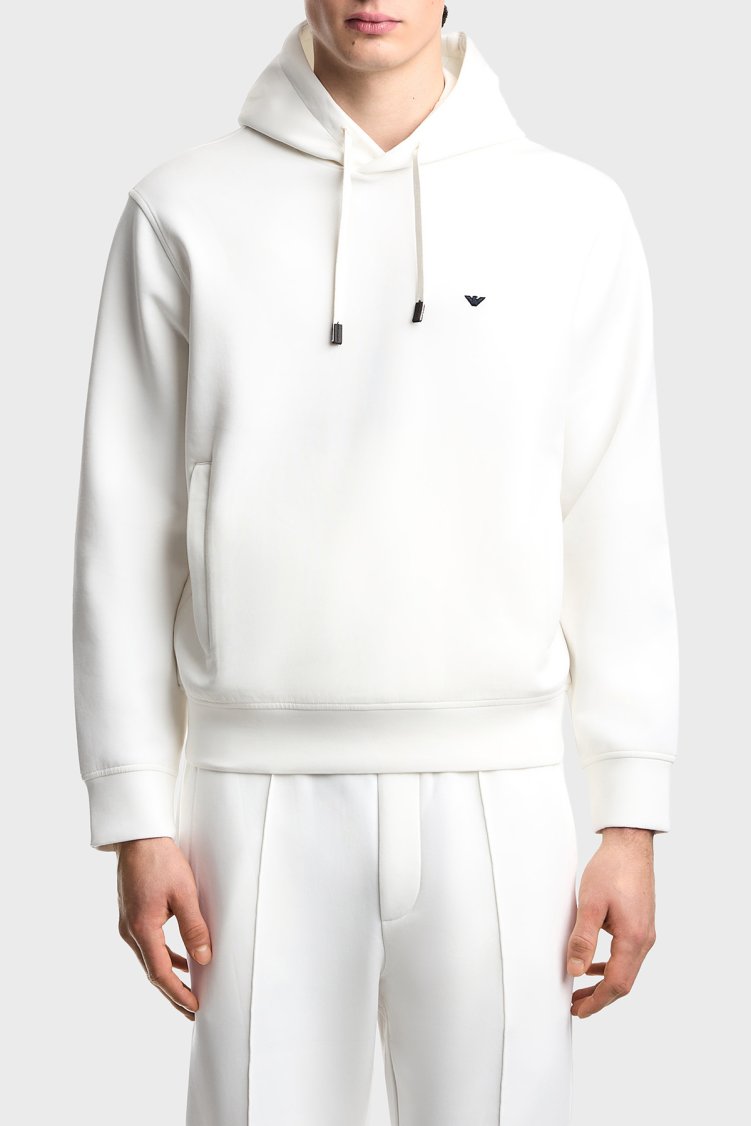 Emporio Armani Logolu Pamuk Karışımlı Kapüşonlu Erkek Sweat EM004531 AF10013 U0003 Beyaz - Emporio Armani