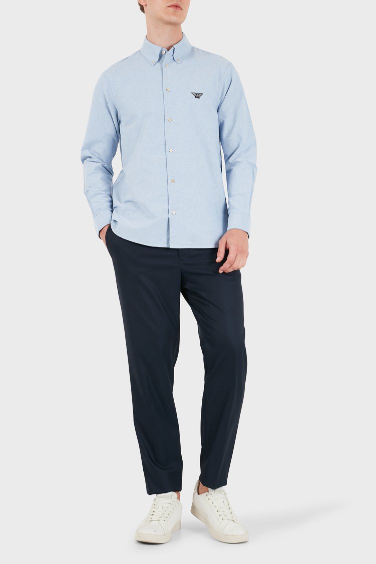 Emporio Armani Logolu Pamuklu Düğmeli Yaka Uzun Kollu Erkek Gömlek EM007368 AF27952 U9324 Mavi - Emporio Armani (1)