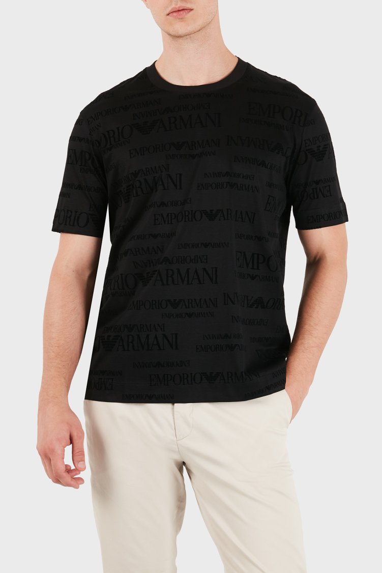 Emporio Armani Logolu Pamuklu Kadife Detaylı Bisiklet Yaka Erkek T Shirt EM007343 AF10017 FC376 Siyah - Emporio Armani