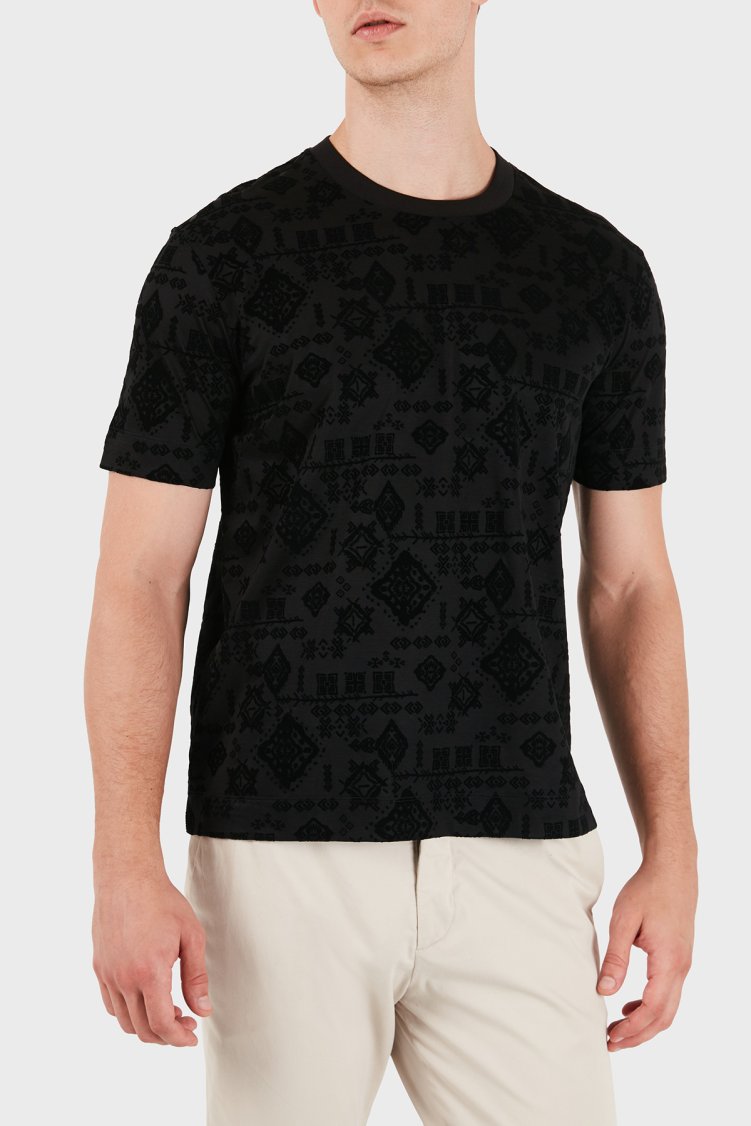 Emporio Armani Logolu Pamuklu Kadife Detaylı Bisiklet Yaka Erkek T Shirt EM007343 AF10017 FC377 Siyah - Emporio Armani
