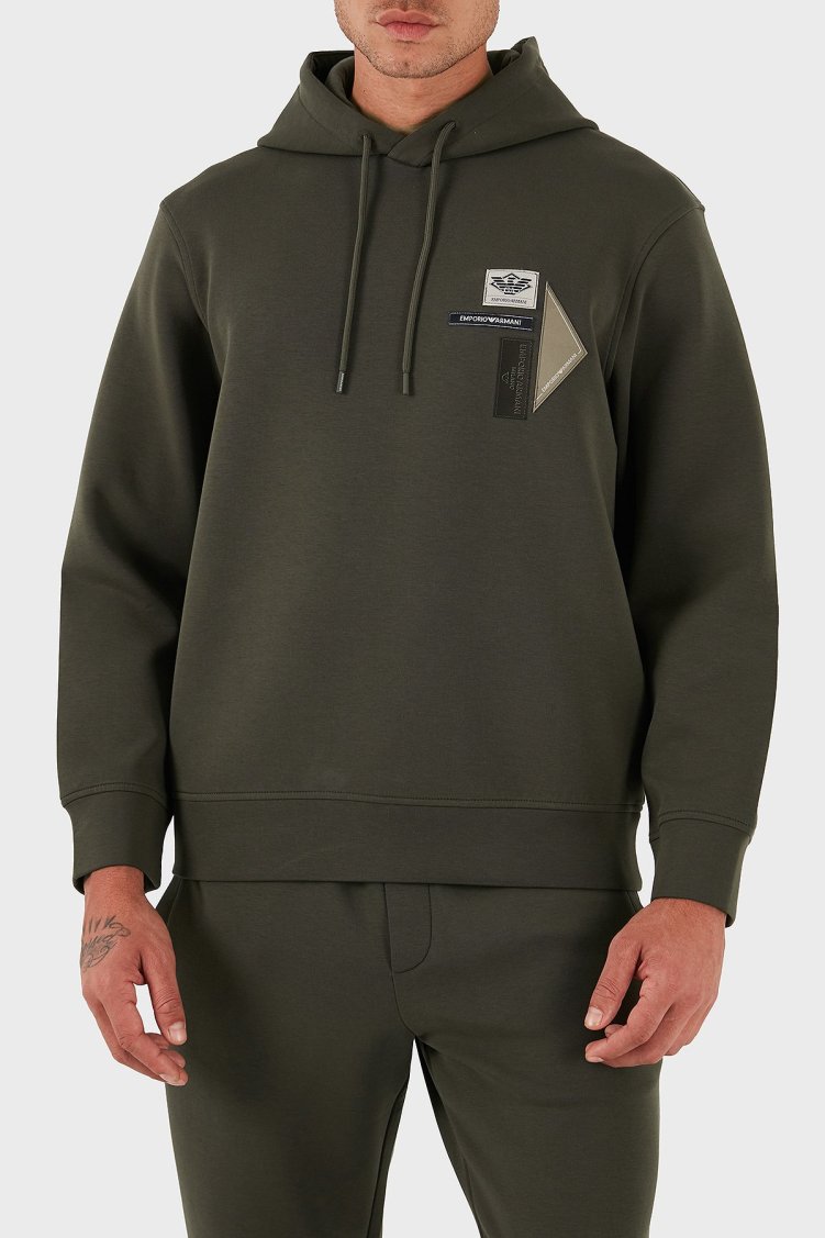Emporio Armani Logolu Pamuklu Regular Fit Kapüşonlu Erkek Sweat EM003587 AF10013 U8120 HAKİ - Emporio Armani