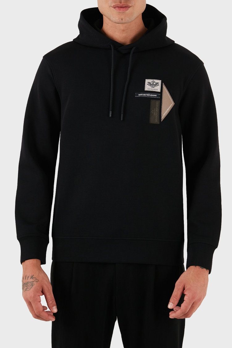 Emporio Armani Logolu Pamuklu Regular Fit Kapüşonlu Erkek Sweat EM003587 AF10013 UC001 SİYAH - Emporio Armani