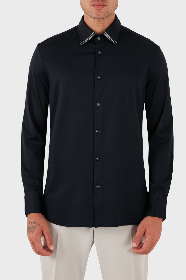 Emporio Armani Logolu Pamuklu Regular Fit Klasik Yaka Erkek Gömlek EM003055 AF10761 UB118 LACİVERT - Emporio Armani