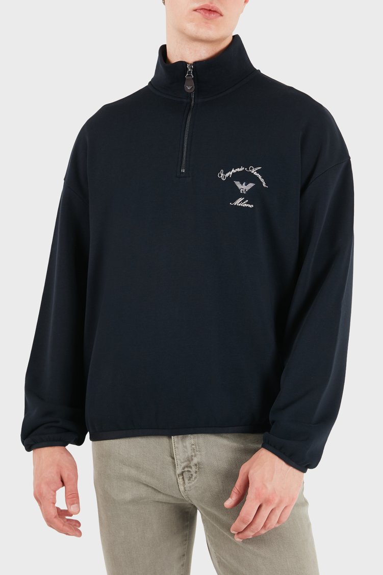 Emporio Armani Logolu Pamuklu Yarım Fermuarlı Dik Yaka Erkek Sweat EM006474 AF28006 UB118 Lacivert - Emporio Armani