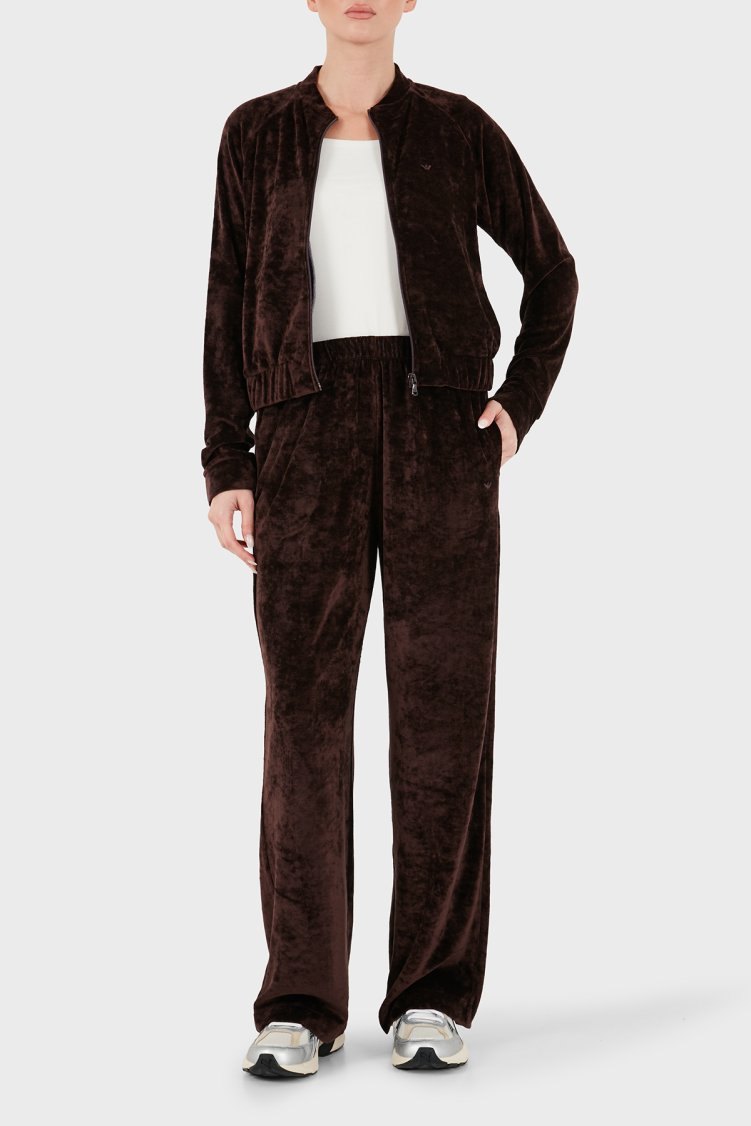 Emporio Armani Logolu Regular Fit Düz Paça Kadife Dokulu Kadın Eşofman Takımı EW004750 AF26228 U6279 Kahve - Emporio Armani