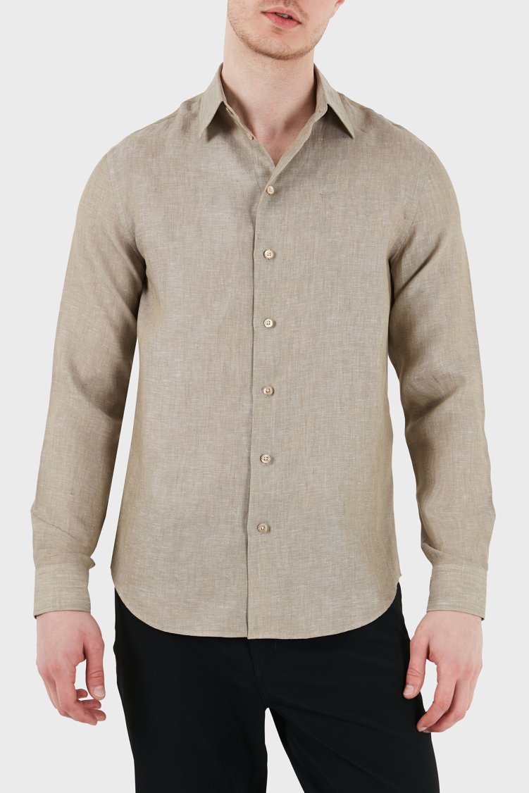 Emporio Armani Logolu Regular Fit Klasik Yaka Uzun Kollu Keten Erkek Gömlek EM000099 TE10157 O1002 HAKİ - Emporio Armani