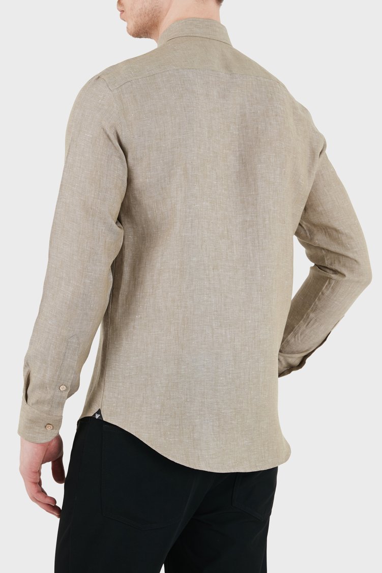 Emporio Armani Logolu Regular Fit Klasik Yaka Uzun Kollu Keten Erkek Gömlek EM000099 TE10157 O1002 HAKİ - Emporio Armani (1)