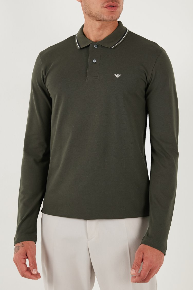 Emporio Armani Logolu Regular Fit Pamuklu Uzun Kollu Erkek Polo Yaka Sweat 8N1FB5 1JPTZ U8120 HAKİ - Emporio Armani