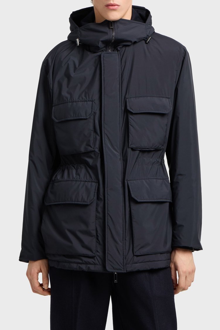 Emporio Armani Logolu Regular Fit Su İtici Kapüşonlu Şişme Erkek Mont EM003184 AF18503 UB118 LACİVERT - Emporio Armani