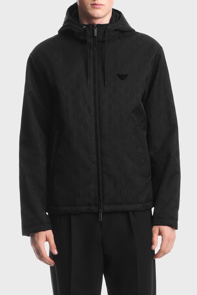 Emporio Armani Logolu Relaxed Fit Kapüşonlu Suya Dayanıklı Erkek Ceket EM006736 AF29202 FC368 Siyah - Emporio Armani