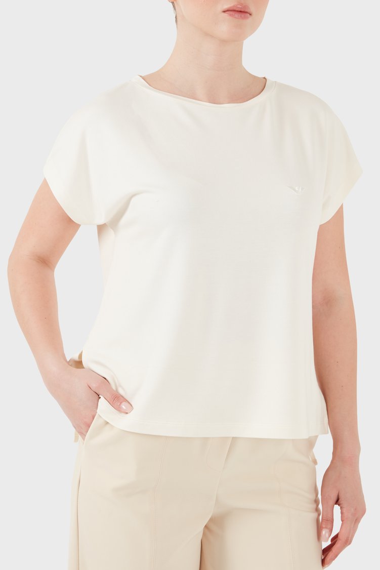 Emporio Armani Logolu Relaxed Fit Yuvarlak Yaka Kadın T Shirt EW002908 AF19032 U1054 EKRU - Emporio Armani