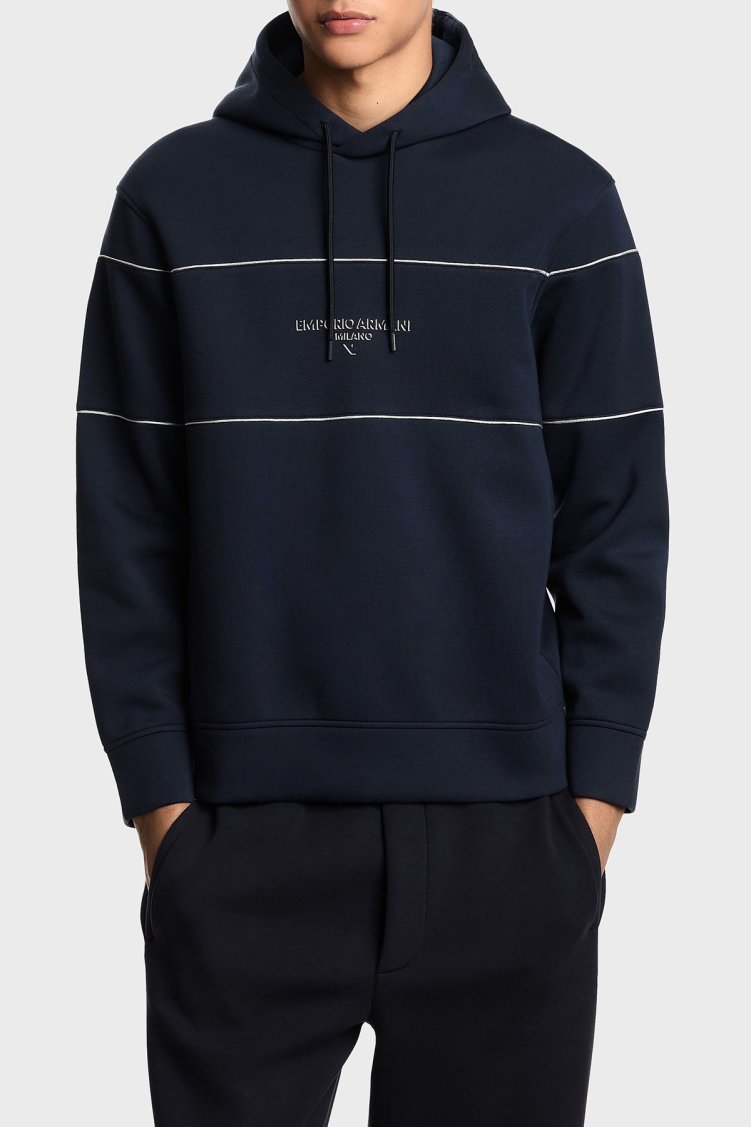 Emporio Armani Logolu Şerit Detaylı Regular Fit Kapüşonlu Erkek Sweat EM002885 AF17545 UB118 LACİVERT - Emporio Armani