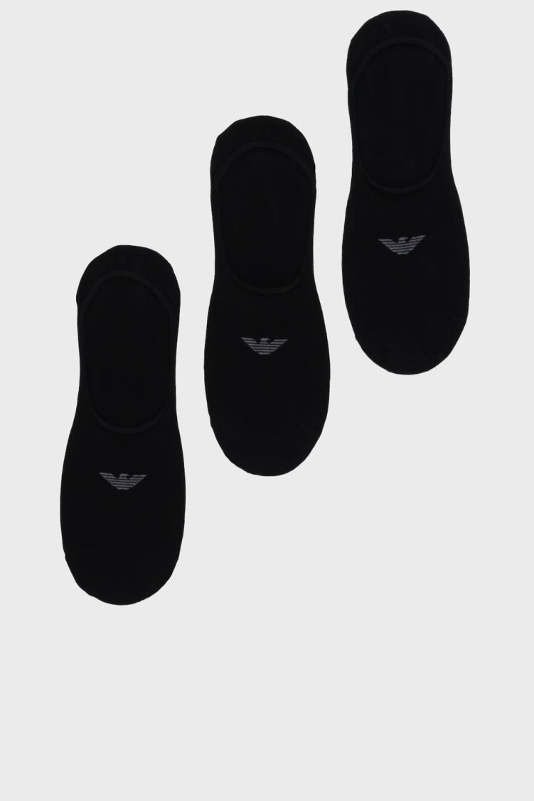 Emporio Armani Logolu Streç Pamuklu 3 Pack Babet Erkek Çorap EM000548 AF14446 MC061 SİYAH - Emporio Armani