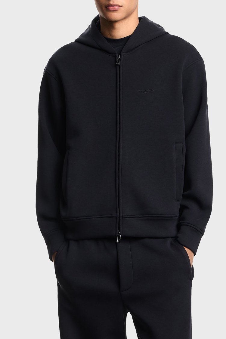 Emporio Armani Logolu Streç Pamuklu Regular Fit Kapüşonlu Erkek Sweat EM002866 AF17547 UB118 LACİVERT - Emporio Armani