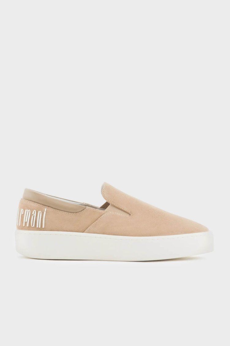 Emporio Armani Logolu Süet Loafer Bayan Ayakkabı X3Y007 XR158 00085 BEJ - Emporio Armani