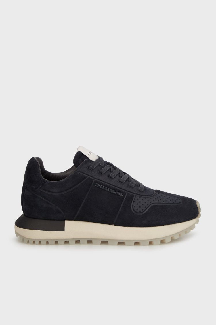 Emporio Armani Logolu Süet Sneaker Erkek Ayakkabı EM003740 AF19728 ZB005 LACİVERT - Emporio Armani