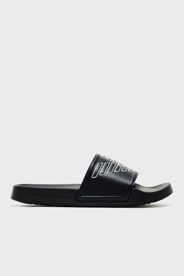 Emporio Armani Logolu Tek Bantlı Unisex Terlik XVPS11 XR273 K485 SİYAH-BEYAZ - Emporio Armani