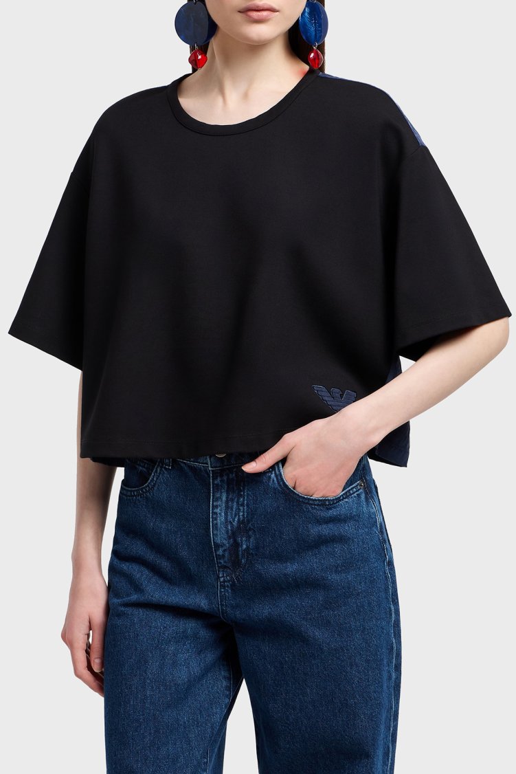 Emporio Armani Loose Fit Bisiklet Yaka Arka Kısmı Cupro Kadın T Shirt EW000488 AF12911 UC001 SİYAH - Emporio Armani
