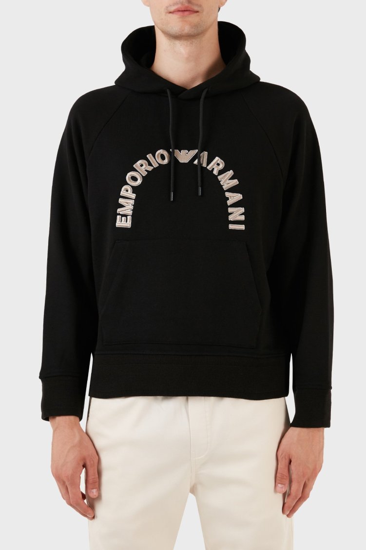 Emporio Armani Nakış İşlemeli Logolu Kapüşonlu Cepli Regular Fit Pamuklu Erkek Sweat 6R1ME9 1JWPZ 00C5 SİYAH - Emporio Armani