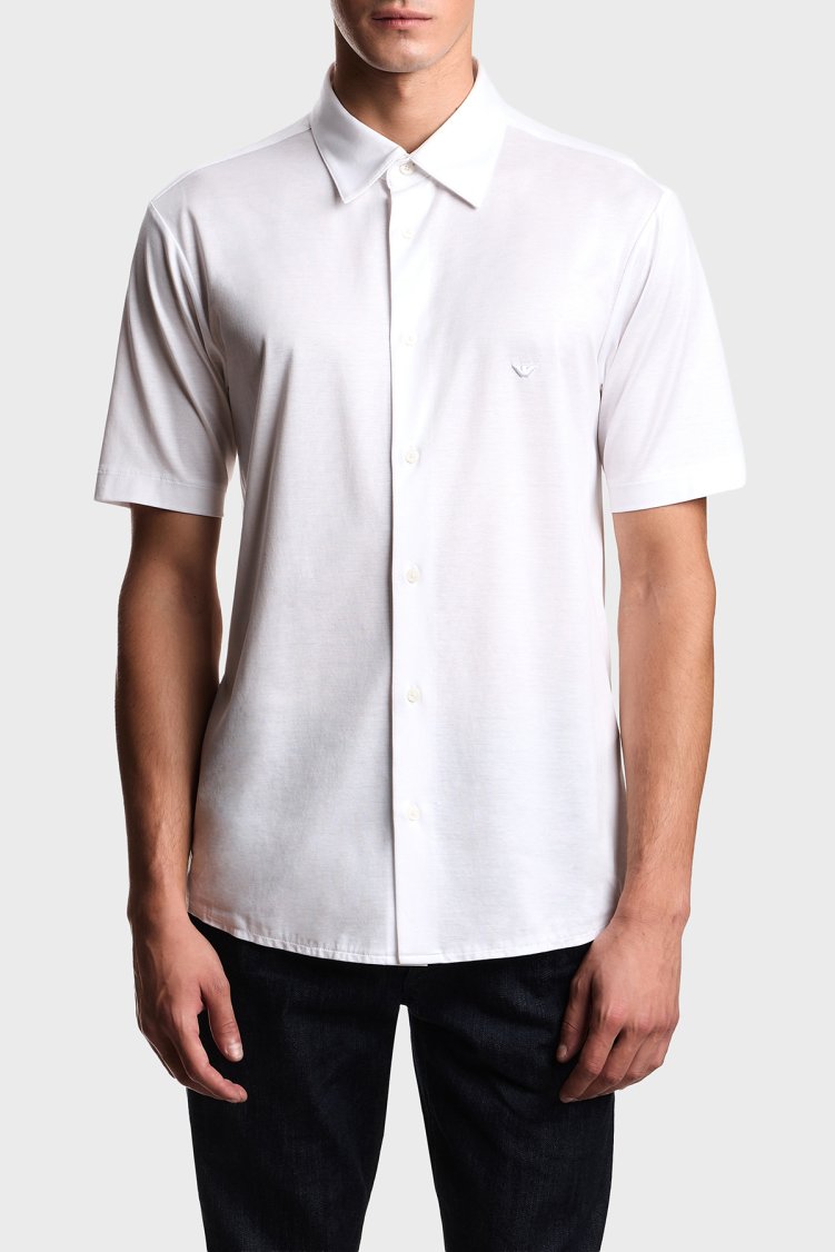 Emporio Armani Pamuk Karışımlı Slim Fit Logolu Kısa Kollu Erkek Gömlek EM004603 AF10017 U0003 BEYAZ - Emporio Armani