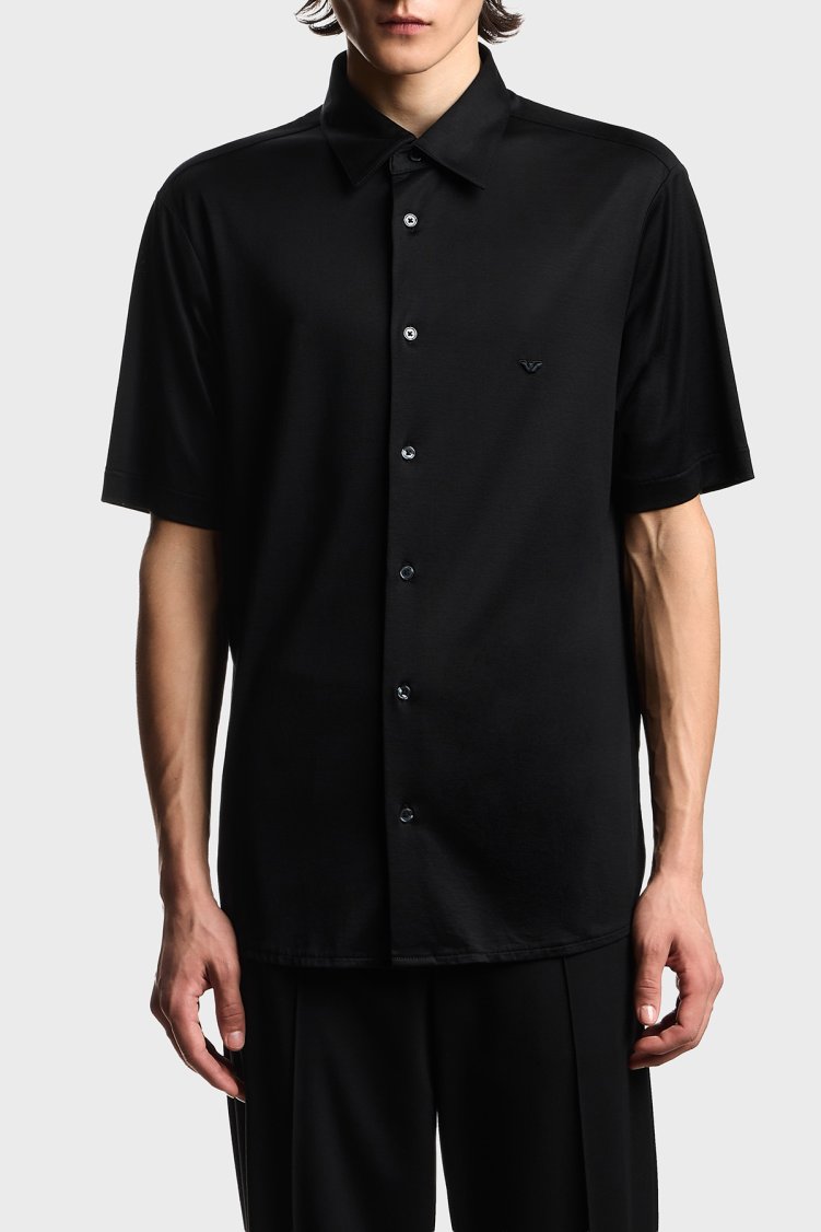 Emporio Armani Pamuk Karışımlı Slim Fit Logolu Kısa Kollu Erkek Gömlek EM004603 AF10017 UC001 SİYAH - Emporio Armani