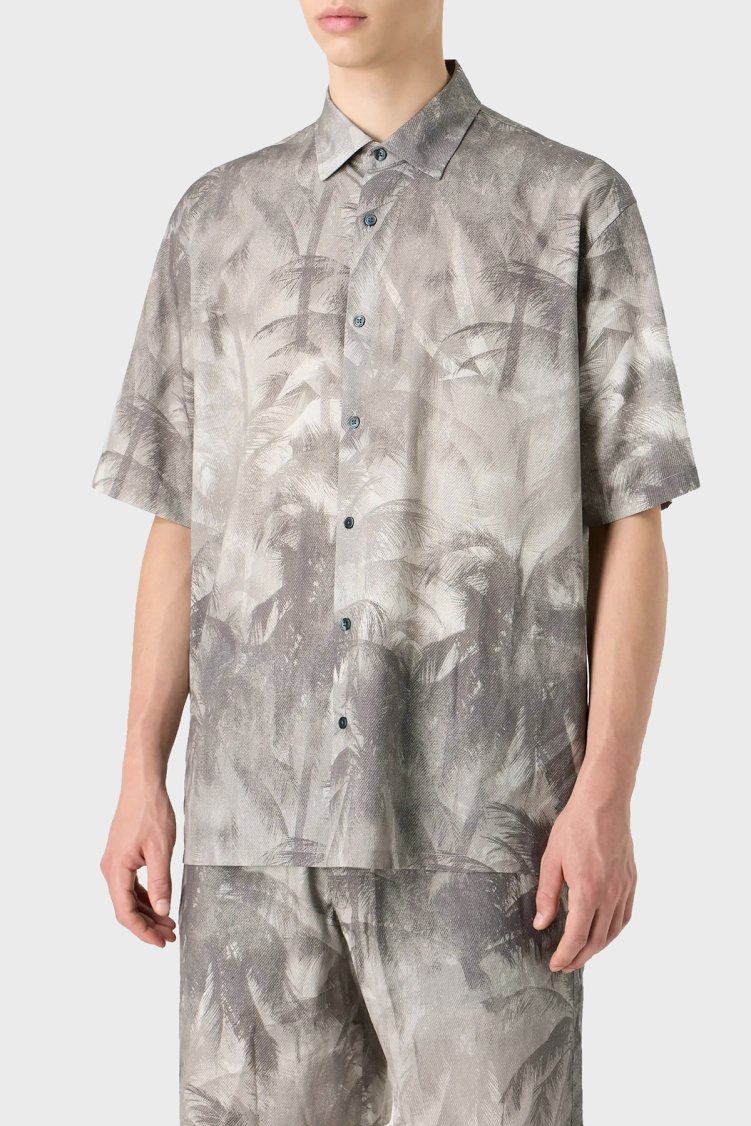 Emporio Armani Pamuklu İpeksi Oversize Kısa Kollu Erkek Gömlek 3D1CG7 1NRDZ F617 GRİ - Emporio Armani