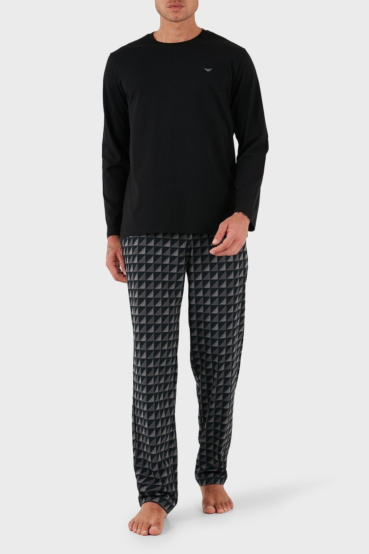 Emporio Armani Pamuklu Jakarlı Regular Fit Normal Bel Bisiklet Yaka Erkek Pijama Takımı EM000611 AF14994 MC273 SİYAH - Emporio Armani