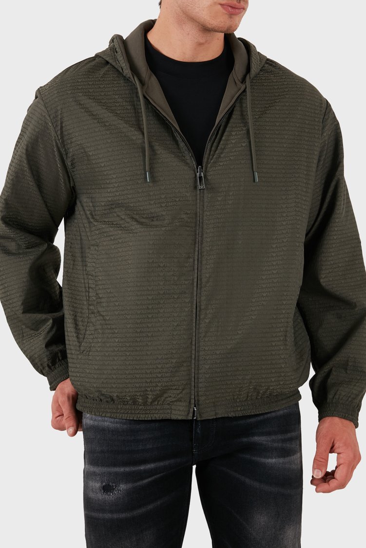 Emporio Armani Pamuklu Logolu Regular Fit Fermuarlı Kapüşonlu Erkek Yağmurluk 6D1MD3 1JHSZ 06K0 HAKİ - Emporio Armani