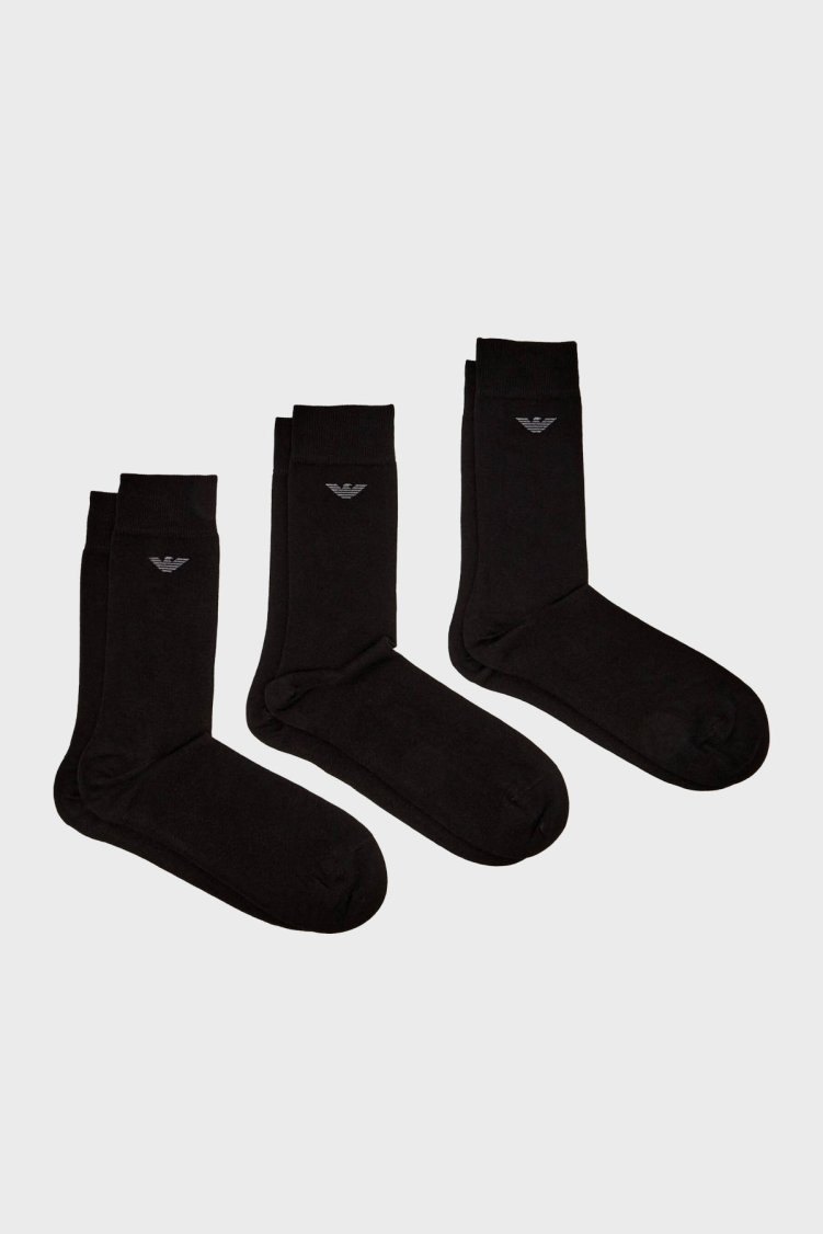 Emporio Armani Pamuklu Logolu Uzun 3 Pack Erkek Çorap EM000554 AF14446 MC061 SİYAH - Emporio Armani
