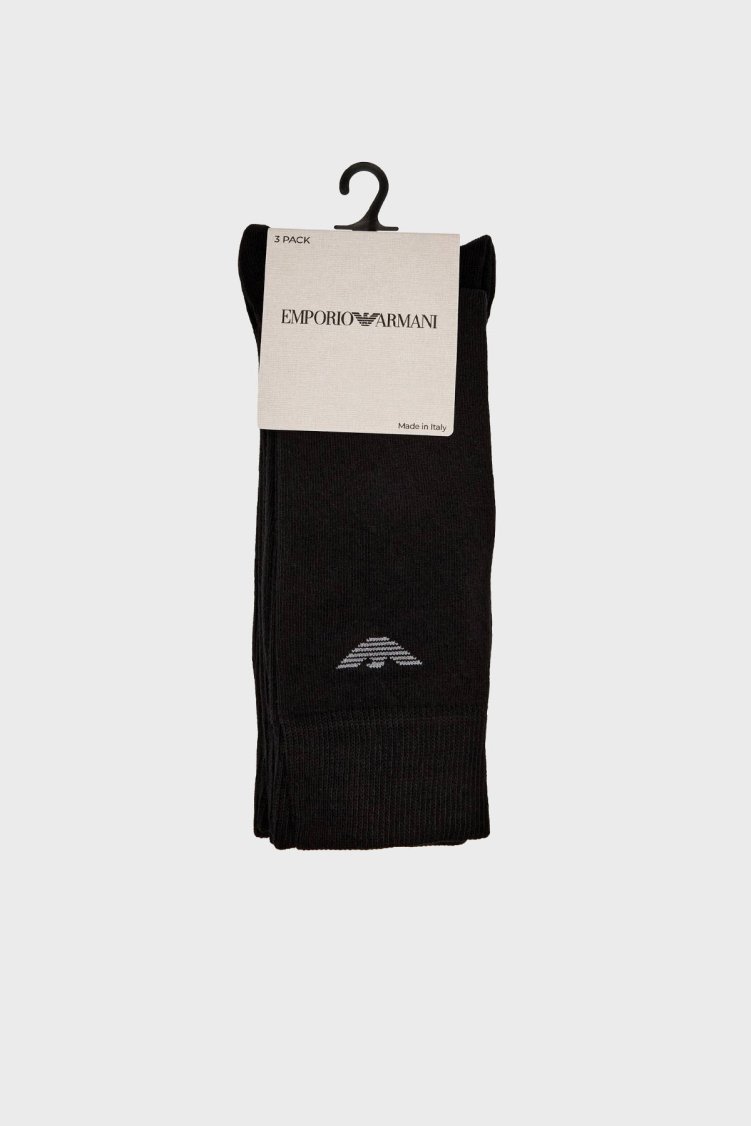 Emporio Armani Pamuklu Logolu Uzun 3 Pack Erkek Çorap EM000554 AF14446 MC061 SİYAH - Emporio Armani (1)