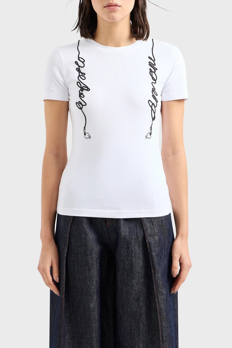 Emporio Armani Pamuklu Regular Fit Bisiklet Yaka Kadın T Shirt 3D2T7R 2J07Z 0100 BEYAZ - Emporio Armani