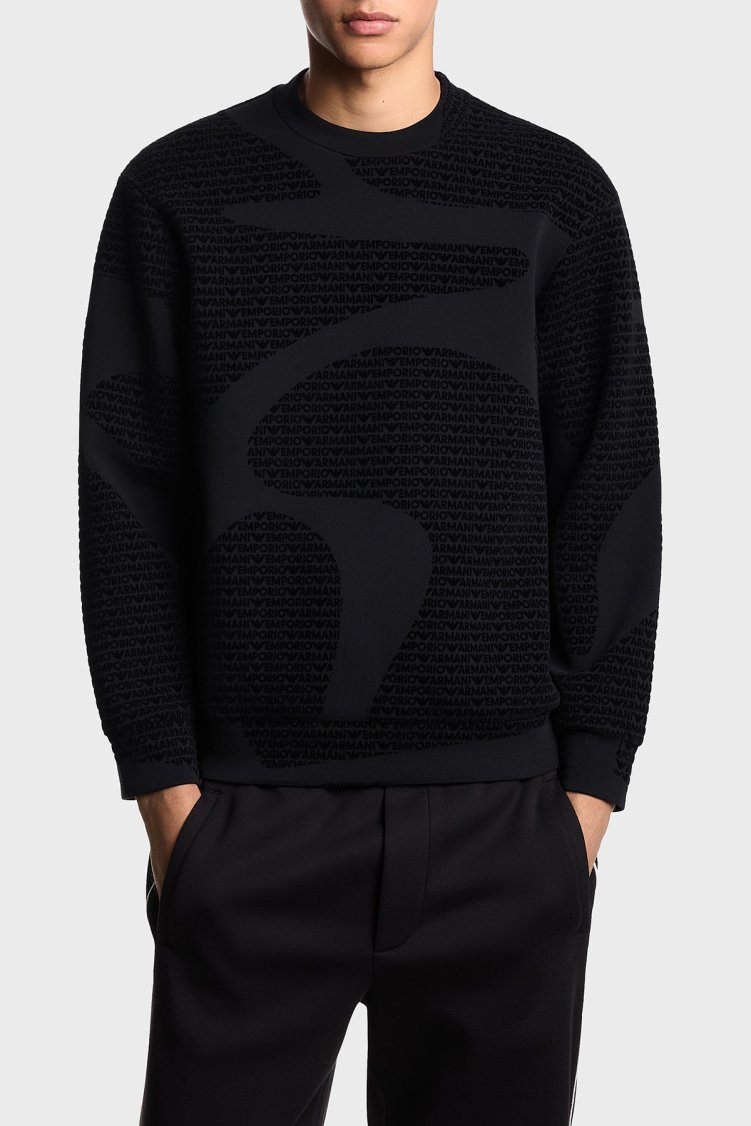 Emporio Armani Pamuklu Regular Fit Bisiklet Yaka Tamamı Logolu Erkek Sweat EM002900 AF10013 FC242 SİYAH - Emporio Armani