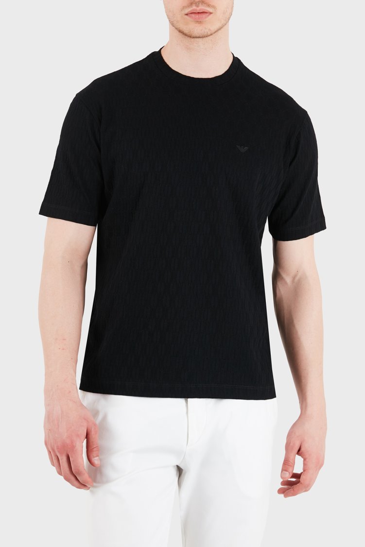 Emporio Armani Pamuklu Regular Fit Logolu Bisiklet Yaka Jakarlı Erkek T Shirt EM005699 AF25298 UC001 SİYAH - Emporio Armani