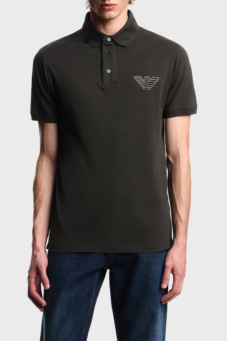 Emporio Armani Pamuklu Regular Fit Logolu Düğmeli Erkek Polo EM003524 AF12955 U8120 HAKİ - Emporio Armani