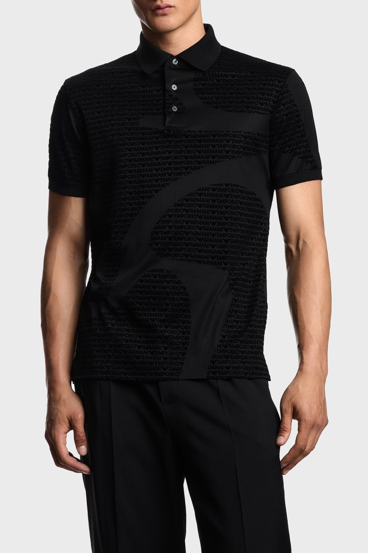 Emporio Armani Pamuklu Regular Fit Tamamı Logolu Düğmeli Erkek Polo Yaka T Shirt EM002971 AF10017 FC242 Siyah - Emporio Armani