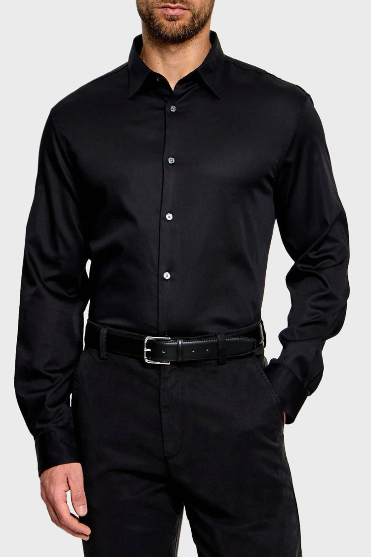 Emporio Armani Pamuklu Regular Fit Yaka Logo Nakışlı Erkek Gömlek EM006705 AF23800 UC001 Siyah - Emporio Armani