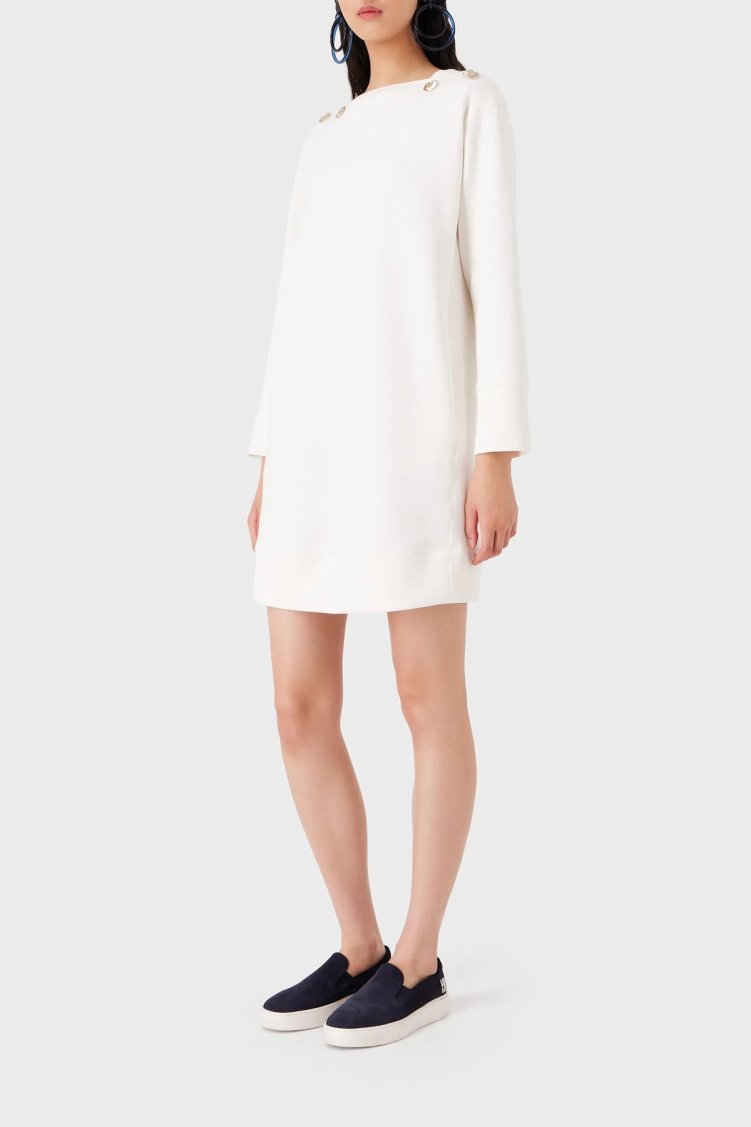 Emporio Armani Pamuklu Relaxed Fit Kare Yaka Mini Bayan Elbise 6R2A6A 1JHSZ 0101 EKRU - Emporio Armani