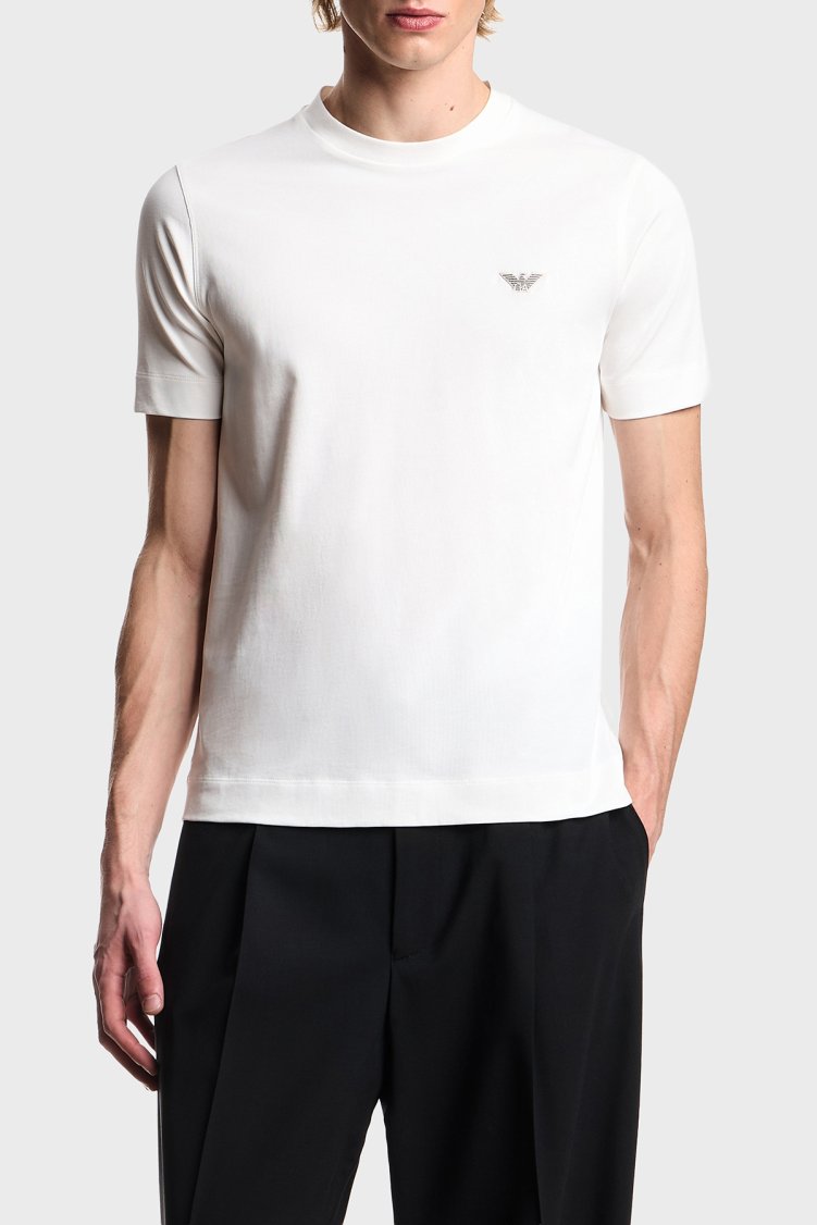 Emporio Armani Pamuklu Slim Fit Bisiklet Yaka Logolu Erkek T Shirt EM005396 AF13715 U0003 BEYAZ - Emporio Armani