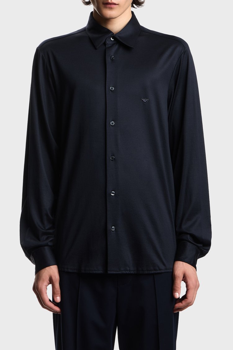 Emporio Armani Pamuklu Slim Fit Logolu Uzun Kollu Erkek Gömlek EM004604 AF10017 UB118 LACİVERT - Emporio Armani