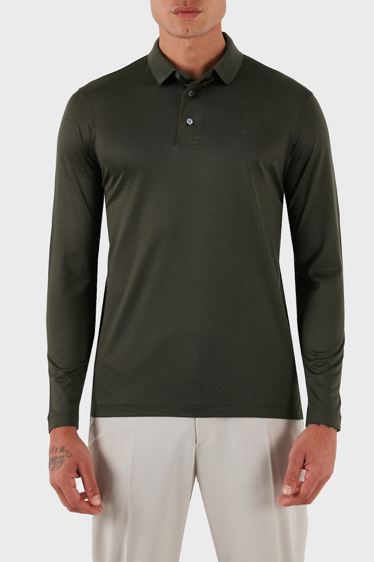 Emporio Armani Pamuklu Slim Fit Uzun Kollu Düğmeli Erkek Polo Yaka Sweat 8N1F97 1JUVZ U8120 HAKİ - Emporio Armani