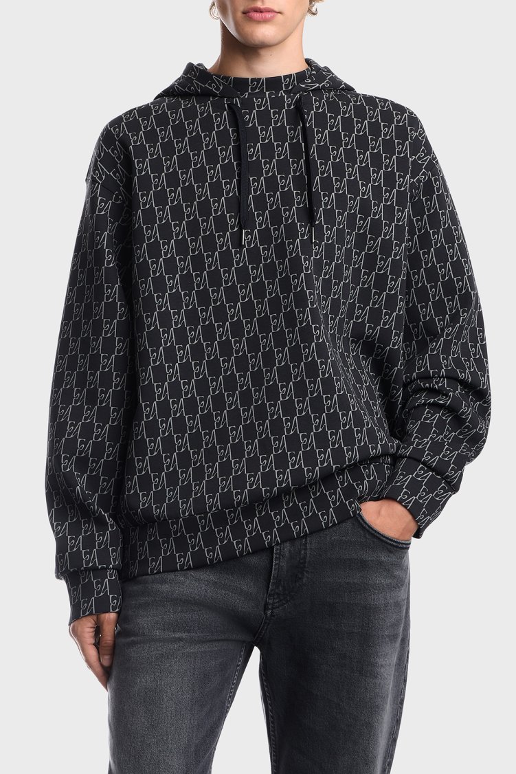 Emporio Armani Pamuklu Tamamı Logolu Kapüşonlu Erkek Sweat EM006861 AF10013 FB562 Lacivert - Emporio Armani