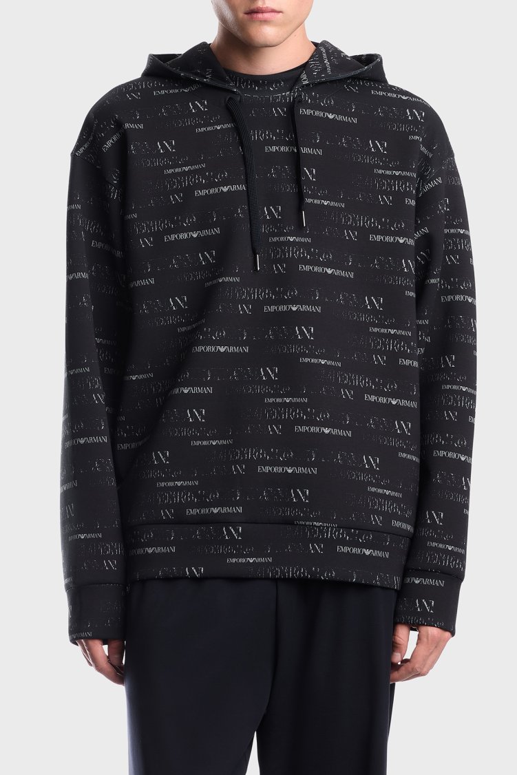 Emporio Armani Pamuklu Tamamı Logolu Kapüşonlu Erkek Sweat EM006861 AF10013 FB563 Lacivert - Emporio Armani