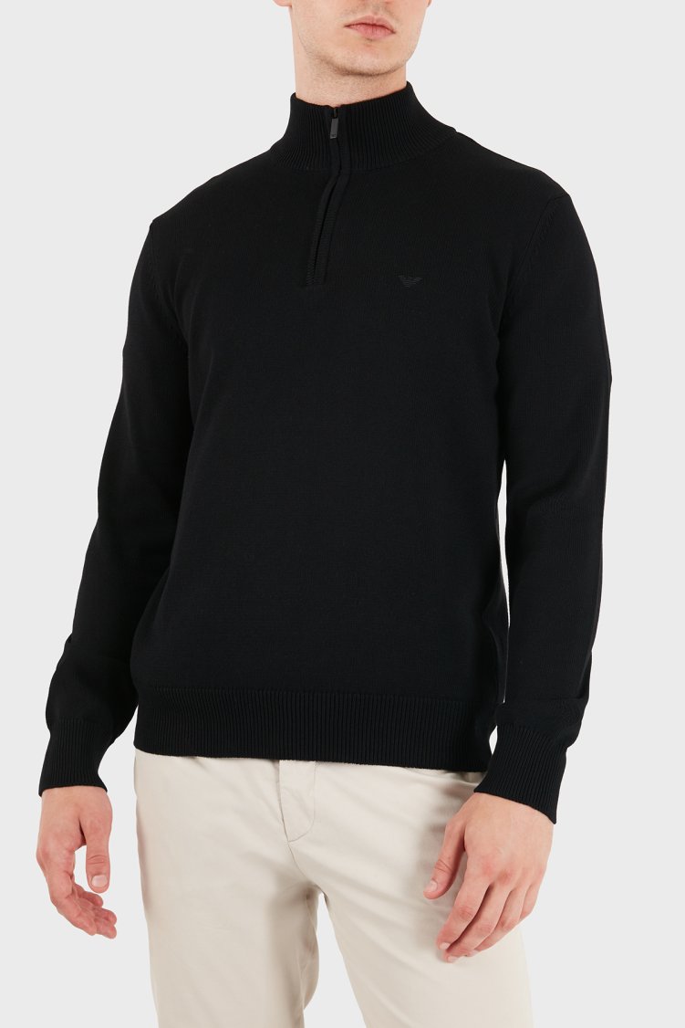 Emporio Armani Pamuklu Yarım Fermuarlı Dik Yaka Erkek Kazak EM005176 AF24121 UC001 Siyah - Emporio Armani