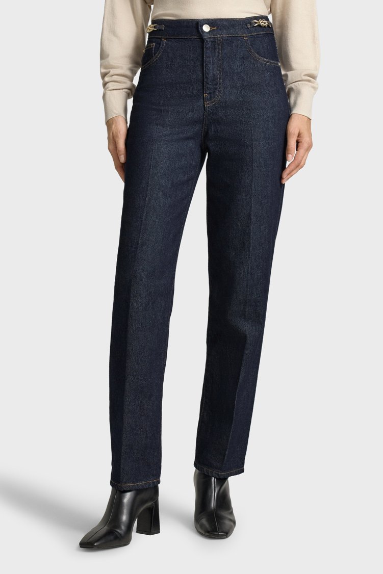 Emporio Armani Pamuklu Yüksel Bel Düz Paça Jeans Kadın Kot Pantolon EW003498 AF18421 MB001 Lacivert - Emporio Armani