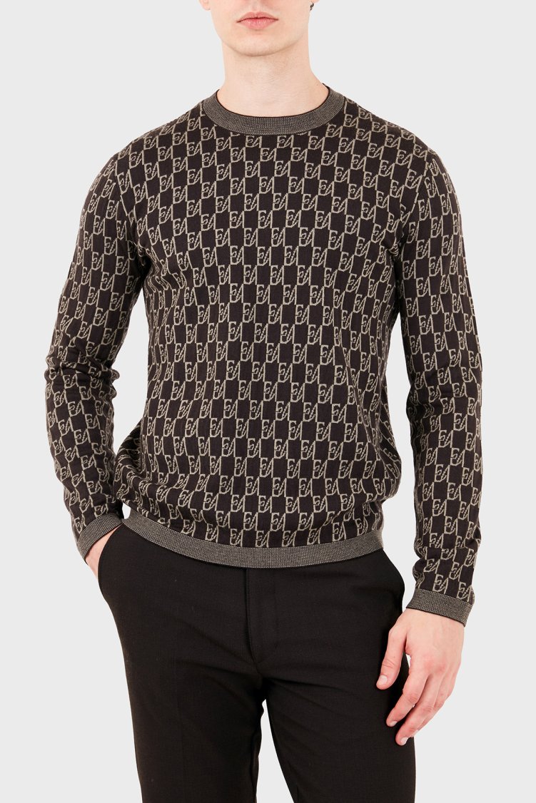 Emporio Armani Regular Fit Bisiklet Yaka Jakarlı Logolu Erkek Kazak EM006360 AF27946 F6023 Kahve - Emporio Armani