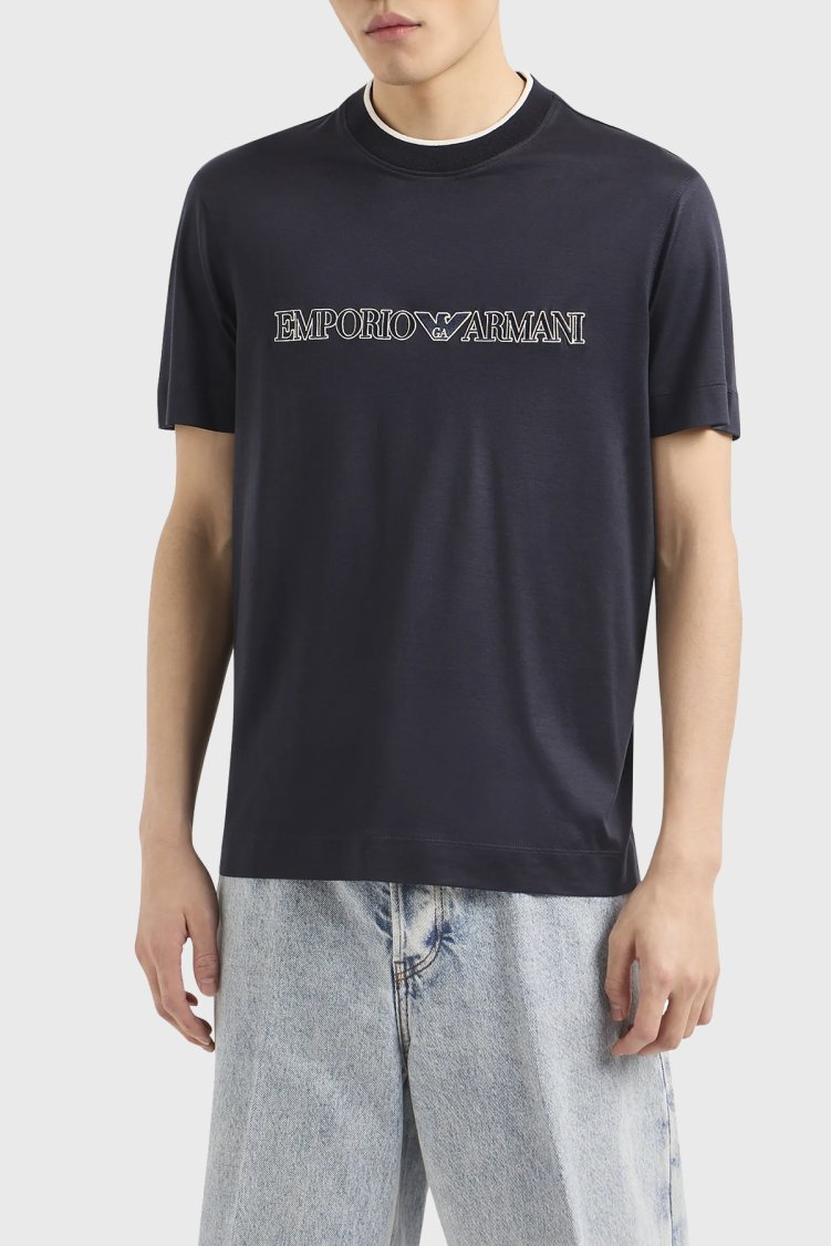 Emporio Armani Regular Fit Bisiklet Yaka Jarse Erkek T Shirt 3D1TD4 1JUVZ 09R0 LACİVERT - Emporio Armani