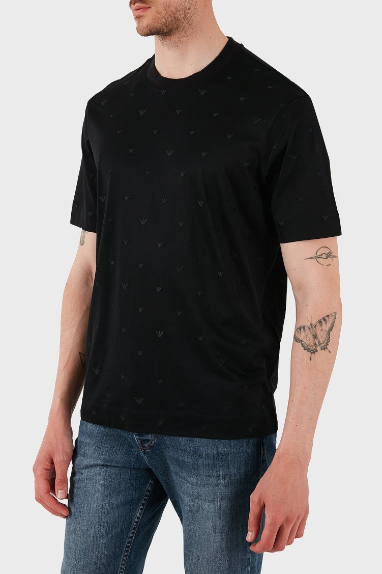 Emporio Armani Regular Fit Bisiklet Yaka Tamamı Logolu Erkek T Shirt EM001400 AF10017 FC185 SİYAH - Emporio Armani