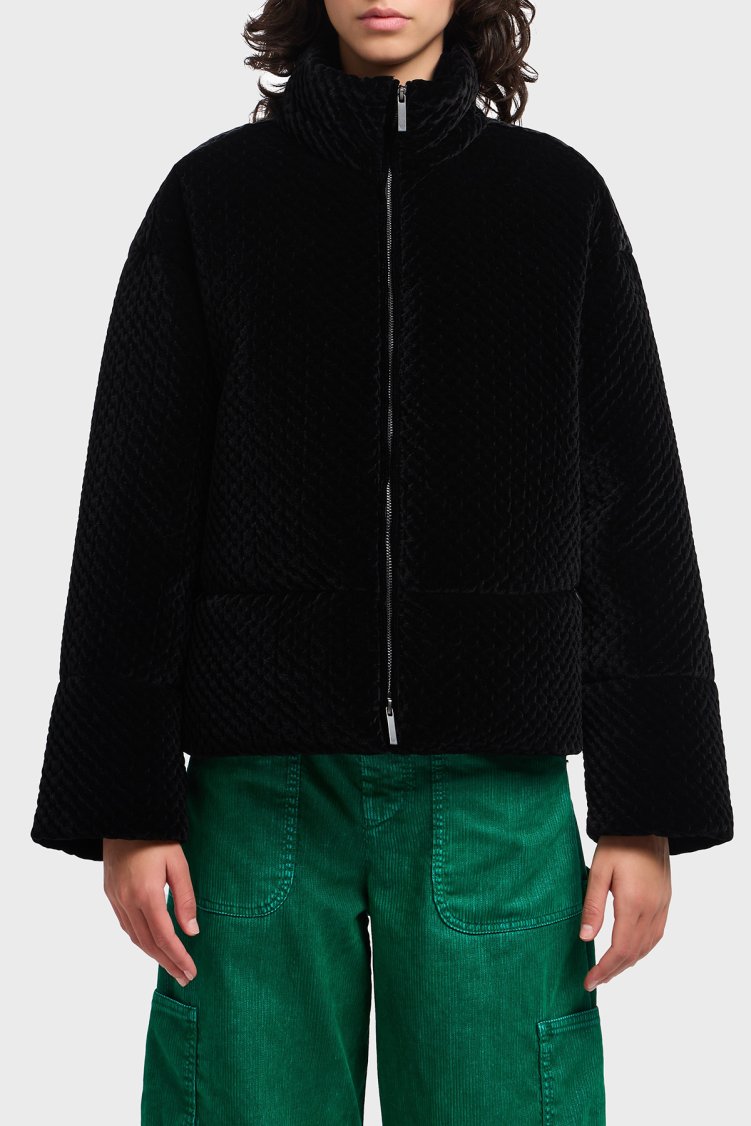 Emporio Armani Regular Fit Dik Yaka Efektli Kadife Kadın Mont EW001464 AF14361 UC001 SİYAH - Emporio Armani