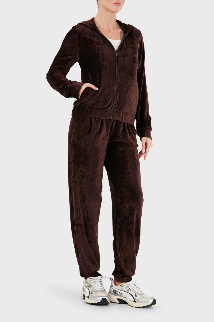 Emporio Armani Regular Fit Kapüşonlu Logolu Kadife Dokulu Kadın Eşofman Takımı EW004748 AF26228 U6279 Kahve - Emporio Armani